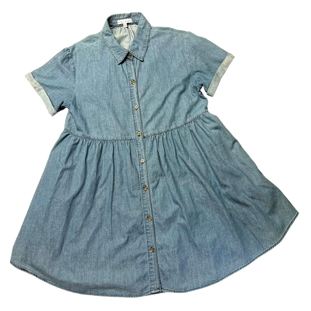Miou Muse Light Denim Babydoll Dress Cuff Sleeve Tiered Back Button Front Large - Picture 2 of 13